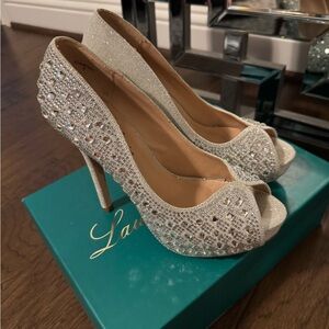 Lauren Lorraine Glittering Silver Peep-Toe Bride Heels with “I Do”
